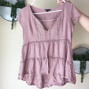 AEO Boho Purple Tiered Blouse W/ Embroidery